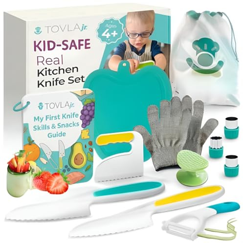 Tovla Jr. Kids Complete Cutting Set, Real Cooking & Baking at Home | Knife, Chopper, Peeler, Non-Slip Handles, Chopping Board, Gloves & Recipe Cards, Real Cooking, Montessori Tools