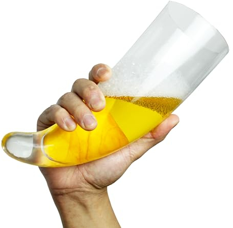 Winkee - Vaso de cuerno de cerveza - Diseño de cristal rústico, especial para la cerveza | Ideal para los amantes de la cerveza 2024 y | Soporte de madera estable incluido