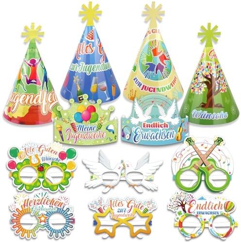 DPKOW 24 STK Jugendweihe Papier Brillen Hüte, Jugendweihe Partybrillen Kegel Kronen Hüte für Jugendweihe Foto Requisiten Accessoires, Mädchen Junge Jugendweihe Partyhüte Kopfbedeckung Gastgeschenke