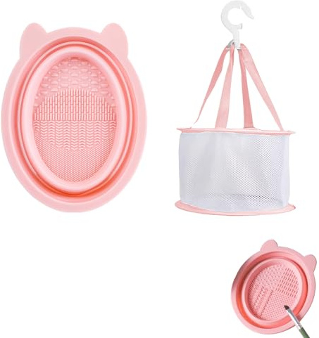 DHWEKU 2 piezas Limpiador de Brochas de Maquillaje Set Plegable, Cuenco de Silicona Limpieza de Pinceles con Cesta de Secado de Malla para Secar Esponja de Maquillaje, Esponja de Polvos, Pincel