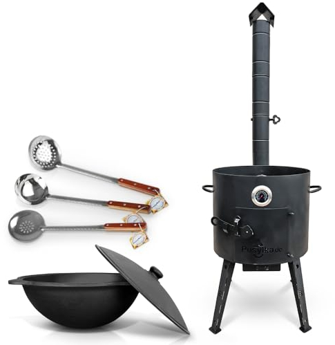 Utschak - Horno de fuego con termómetro de hierro fundido Kazan con base redonda con tapa (12 L), 2 espumaderas de 48 cm, cucharón de 48 cm, KazanoFF para exteriores, brasero, kazan, cañón de goulash