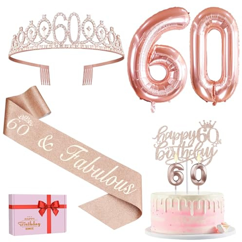 Amosking 60 Geburtstag Frauen Deko Roségold | 60 Geburtstag Krone, Schärpe, Tortendeko, Kerzen, Luftballons, Deko 60. Geburtstag Frauen