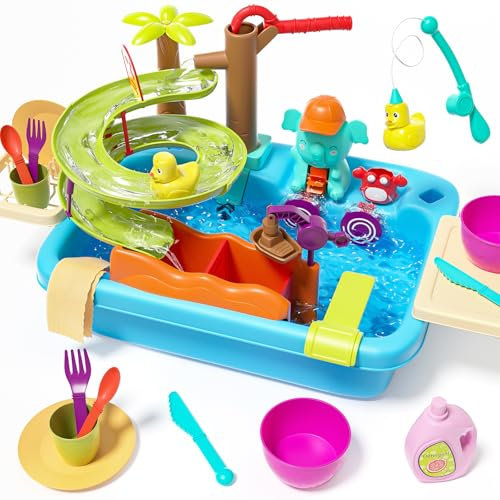 CUTE STONE 4-in-1 Toy Kitchen Sink with Manual Faucet, Dishwasher Play, Water Slide Track, Fishing Toys, Pretend Water Play Sink for Kids