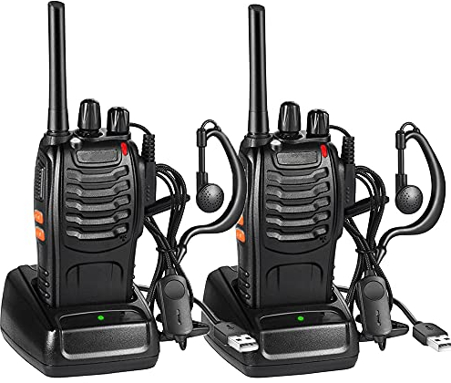 JUAUO Professionelles Walkie Talkie für Erwachsene, Wiederaufladbarer Walkie-Talkies 16 Kanäle PMR446 Zwei-Wege-Funkgeräte mit Headset und USB-Ladestation für Camping, Wandern (Schwarz, 1 Paar)