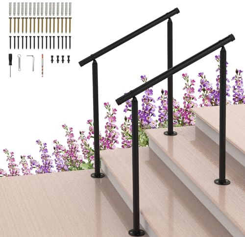2 Pack Handrails for Outdoor Steps,2 to 3 Steps HandRail Outdoor Stair Railing, Metal Porch Railing, Deck Hand Rail, Black Wrought Iron Railing with Installation Kit for Concrete Steps