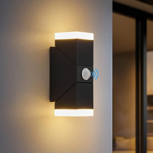 Bojim Outdoor LED Wall Lights Mains Powered with Motion Sensor, Night Sensor Light, Black Porch Light, Up and Down Front Door Light, IP65 Waterproof for Garden, Garage, Patio, Modern, Aluminium