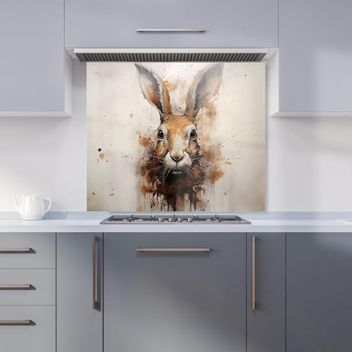 Warren Reed - Designer Premium Watercolour Hare Face Kitchen Splashback 6mm Toughened Glass Kitchen Splashback – Heat Resistant Splashback for Kitchens, Perfect for Cookers and Hobs, Polished Edges