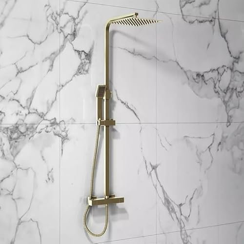 Lunar Brushed Brass Thermostatic Shower with Rigid Riser, Fixed Head and Handset - Complete Brushed Brass Dual Function Shower System