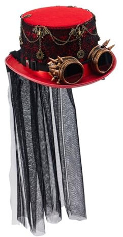 Itkcozcg Modische Hüte im Steampunk-Stil, flacher Hut für Damen und Herren, mit Brille, Halloween, Cosplay, Party, Kostüm, Hut, Gothic-Stil, Musikfestival, Ha, rot, XS-XXL