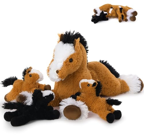 MorisMos Dunkel Braun Pferd Kuscheltier groß XXL mit 3 Baby im Bauch, 54cm lang groß Plüschpferd Stofftier Plüschtier, Horse Pony Geburtstag Weihnachten Geschenk Kinder
