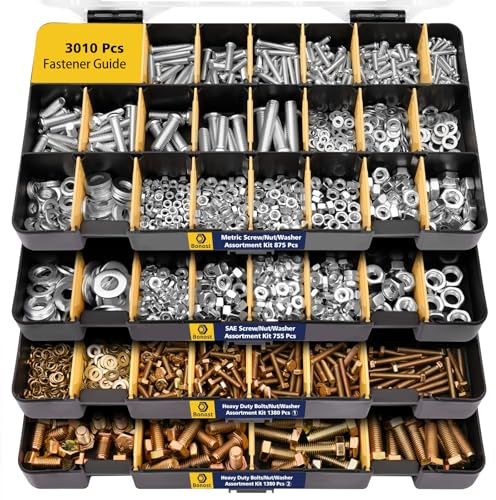 Bonost 3010pcs Hardware Assortment Kit with Assorted SAE & Metric Phillips Head Bolts, and Grade 8.8 Metric Hex Bolt Set with Matching Nuts and Lock Washers (4 Trays)