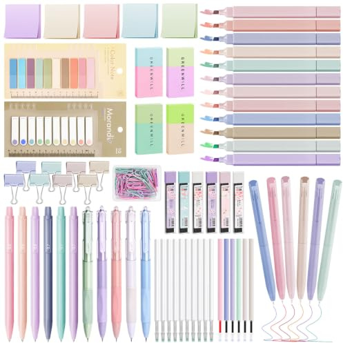 Focxoio 120 Stück Ästhetische Schulsachen Set mit 12 Textmarker Pastell, 11 Gelstifte, 6 Druckbleistift Set, Aesthetic School Stuff für Teenager Mädchen Stationery Sets