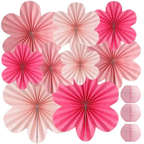 STNRST-IN 9ST Pappersfläktar Dekorationer och 3ST Papperslyktor | Rosa Vävda Blommor Hängande Dekor, Festdekorationer för Bröllopsfester Födelsedag Trädgårdsfest Baby Shower Bakgrund