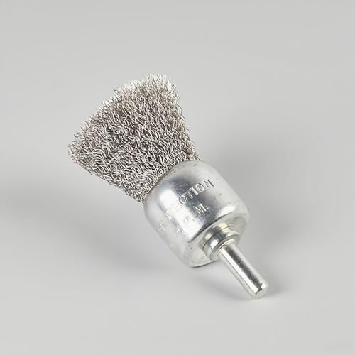 Cepillo de extremo de alambre prensado (25 mm), relleno de acero inoxidable de 0,15 mm, vástago de 1/4 de pulgada, cepillo de taladro de alambre fino para limpieza y pulido (paquete de 10)