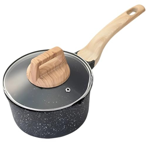 6.3 in Non Stick Pot with Lid, Granite Nonstick Coating Milk Pan, Small Cooking Pot with Wood Handle, Compatible with Induction Cooker, Gas Stove