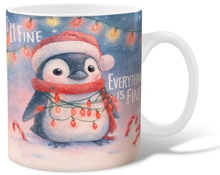 Penguin Ceramic Coffee Mug, Christmas Fanciful Santa Hat Xmas Lights Blue Novelty Tea Mug with Handle Gift for Friendship Family Colleague Teachers Sweetheart Staff 15 Oz