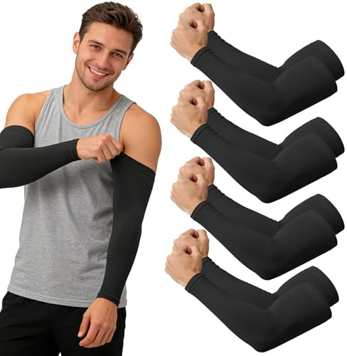 SEANSELO 4 Pairs UV Sun Protection Compression Arm Sleeves - Tattoo Cover Up - Cooling Athletic Sports Sleeve for Football, Golf & Volleyball (4 Black)