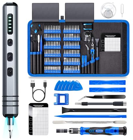 Bluvizo Mini Electric Screwdriver Set: 140 in 1 Precision Screwdriver Set | Small Electronics PC Phone - 120 Bits, 5 Torque Settings, LED Light, Instructions