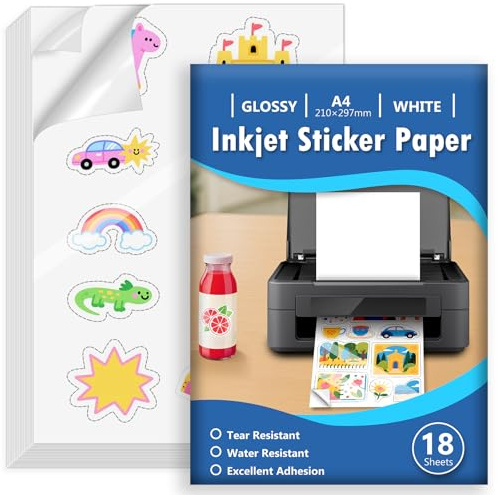 Euqvunn 18 Hojas Papel Pegatina para Imprimir A4, Vinilo Imprimible Adhesivo Blanco Lucido Impermeable, Secado Rápido, Adhesivo de Página Completa para Impresoras de Inyección de Tinta, 210x297mm
