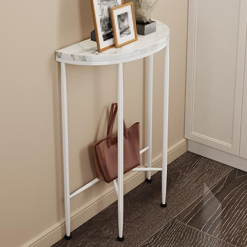 JINGSHIQIAOPL Table Console Demi-Lune, Table D'entrée Effet Marbre avec Structure en Métal Blanc, Livrée Montée, Meuble D’entrée pour Petits Espaces, Salon, Couloir, Petits Appartements