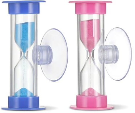 2 Minute Hourglass Sand Timer with Suction Cup, 2-Pack Unbreakable Plastic Mini Sand Clock, Rotatable Sucker Timer for Kids Toothbrush Brushing, for Classroom Games Kitchen Cooking (Blue and Pink)