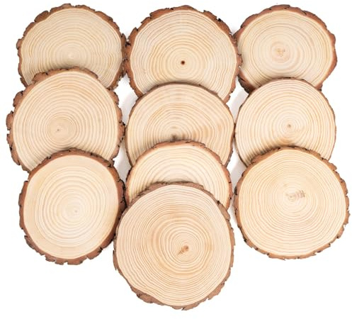 10 Stück Holzscheiben 15 cm mit Rinde, 10 mm Dicke, Runde Baumscheiben Deko aus Naturholz, Unbehandelte Holzscheiben für Kerzen, Tischdeko & DIY Basteln, 10–100