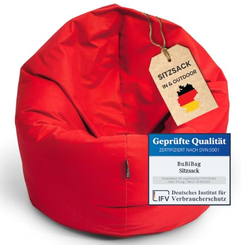 BuBiBag 2in1 Sitzsack L - XXL mit Füllung für Kinder & Erwachsene, Gaming Beanbag & Bodenkissen für Indoor & Outdoor Sessel Pflegeleicht & Wasserabweisend L BIS 12 Jahre (Ø 110 cm Feuerrot)
