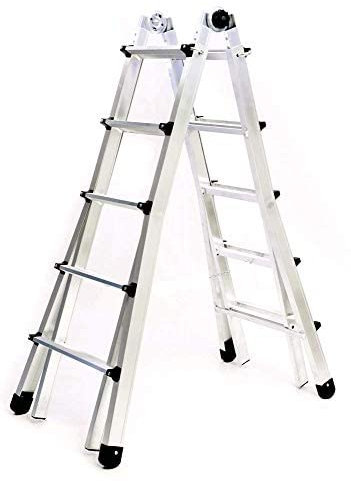 Scala Multiuso (Alluminio, 5+5 Gradini = 5 m), Telescopica, Adatta x Professionisti, Versatile x Lavoro, Prodotto In Italia