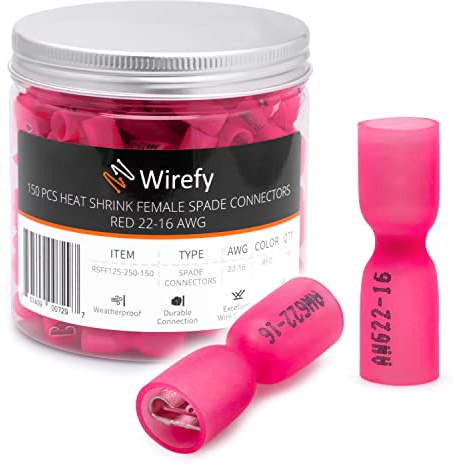 Wirefy Rote Schrumpfverbinder Flachsteckhülsen Isoliert - Kabelschuhe Weibliche Flachstecker Sortiment - Quetschverbinder Kfz - 0,5-1,5 mm² - 150 Stück