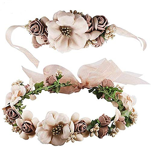 Blumenkranz Haare und Arm, Haarschmuck Hochzeit Blumenstirnband Blumenkrone mit Armband für Strand Hochzeit Braut Fotografie Party Muttertag, Blumenkranz Blumenkrone Boho für Festival Hochzeit