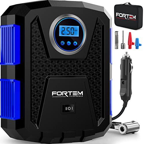 FORTEM Gonfleur Pneus Voiture, Compresseur à Air, Pompe à Vélo, Compresseur Voiture Électrique 12V – Compresseur Portatif Vélos avec Lumière LED, Jauge Numérique et Pompe/Arrêt Automatique (Bleu)