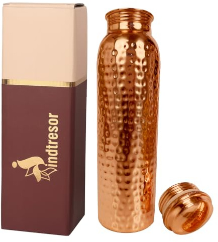INDTRESOR Pure Copper Water Bottle, 34 oz, Leak Proof, Hammered Finish