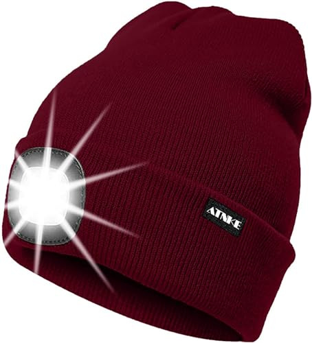 ATNKE LED Beleuchtete Mütze,Wiederaufladbare USB Laufmütze mit Licht Extrem Heller 4 LED Lampe Winter Warme Stirnlampe für Herren und Damen Geschenke
