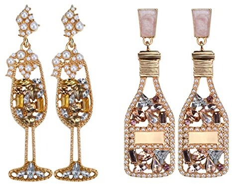 2 Pairs Champagne Bottle Drop Dangle Earrings for Women,Sparkly Rhinestone Earrings Statement Fashion Prom New Years Jewelry Gift