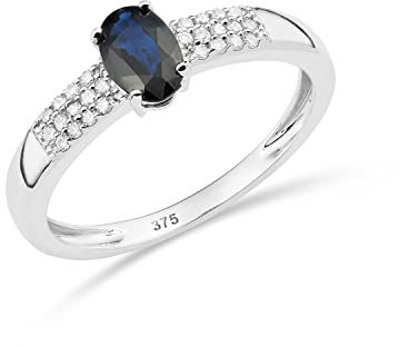 Miore anello di fidanzamento con pavé di diamanti e zaffiro in oro bianco 9 carati 375 26 diamanti naturali taglio brillante 0,10 carati e zaffiro blu naturale ovale di 0,55 carati