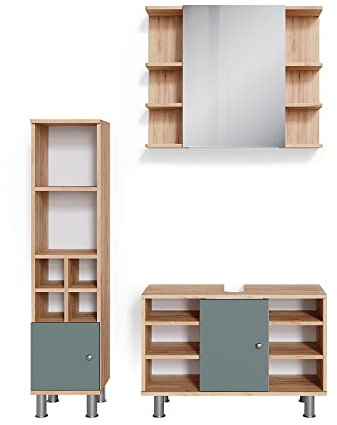 Vicco Badmöbel-Set Fynn, Grün, 60 cm | besteht aus Waschbeckenunterschrank, Spiegelschrank und Hochschrank