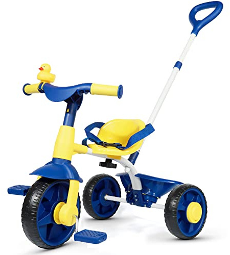 KRIDDO 2 in 1 Dreirad ab 18 Monate bis 3 Jahr, Kinder Dreirad mit verbesserten Eva-Rädern, Dreirad für Kinder als Geschenk, Dreiräder 2-3 Jahren mit Schiebestange und Enten-Klingel, Blau