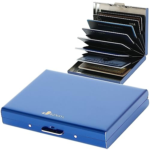 BONSYL® Tarjetero de Tarjeta de Crédito para Hombre y Mujer, Billetera de Metal Delgado con Protección RFID, con 8 Compartimentos, contra Robos Electrónicos. (8 Tarjetas/Azul)