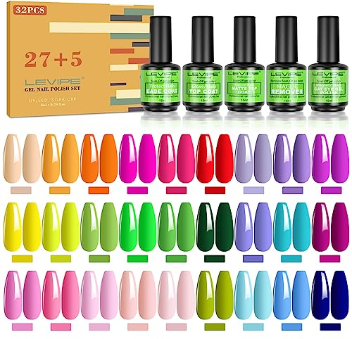 LEVIPE 32Pcs Lot Vernis Semi-permanent UV LED - 27 Couleurs d'Eté Populaires Avec Base Coat, Glossy, Matte Top Coat, Cat Eye Gel et Vernis Remover, 15ML