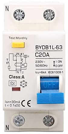Disjoncteur Miniature 230V, A Type 30mA 20A 1P N Disjoncteur à Courant Résiduel, Protecteur de Fuite Protection Contre les Surcharges Commutateur D'air pour Lignes de Distribution D'éclairage