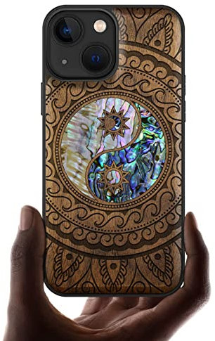 Carveit Coque magnétique pour iPhone 13 Mini Étui de Protection TPU Coque [Gravure en Bois et Incrustation de Coquille] Compatible avec 13 Mini Magsafe Artistique Coque (Noyer-Yin Yang Cachemire)