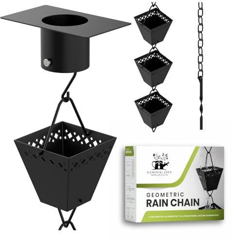 Elemental Eden Rain Chain Kit w/Adapter & Extension | Black Powder Coated Rain Chains for Gutters 10 ft | Rain Chain | Gutter Chain Downspout | Rain Chains for Outside | Rain Catcher | Rain Chimes
