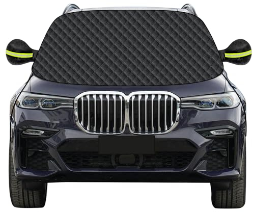 Mengine Car Windscreen Cover, Snow UV Ice Protection Car Windshield with 9 Hidden Magnets, Side Wing Mirror Covers & 2 Additional Hooks,Frost Guard Fit for Cars in All Weather(Black, 157×126cm)