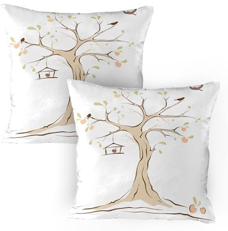 ABAKUHAUS Baum des Lebens Kissenbezug Packung mit 2, Reifer Apfelbaum Mit Fliegenden Vögeln Nest Frucht Familien Natur Bild, Dekorativer Standard Gedruckter Kissenbezug, 80 x 80 cm, Mehrfarbig
