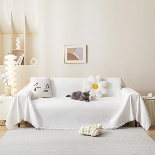 MEETSKY White Couch Cover Chenille Sofa Slipcover for Sectional Sofa Covers Washable, Use Thick Soft Fabric Couch Cover for Dogs, Multi-Use Couch Protector for Living Room, 71 x 118