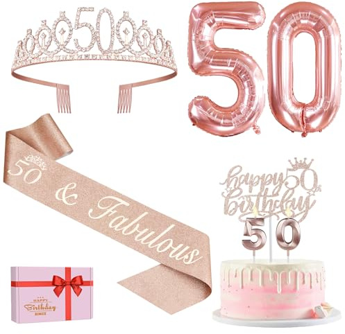 50. Geburtstag Damen Set - Schärpe, Krone, Tortendeko mit Kerzen, Roségold Luftballons 50, Party Deko Supplies - Geschenk für Frauen