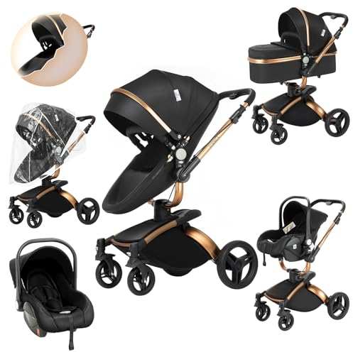 Prokoke PU-Leder Kinderwagen 3 in 1, Buggy mit Verstellbarem Sitz mit 360°-Drehung, Kinderwagen mit Rahmen Aluminiumlegierung, Kombikinderwagen 3 in 1 mit Einem Klick Faltbar Design (906 Black)