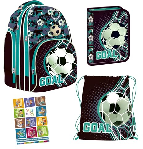 Goldkids - Schulranzen für Jungen - Schul-Rucksack für Kinder mit Federmäppchen - Schuhbeutel und Hausaufgabenheft - Fußball Goal Motiv - 1-3 Klasse