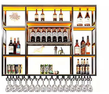 zxhrybh Weinregal Zur Wandmontage, Barschrank Zum Aufhängen, Wandmontierter Weinschrank aus Metall, für Die Hausbar, mit LED-Licht (Color : Black)