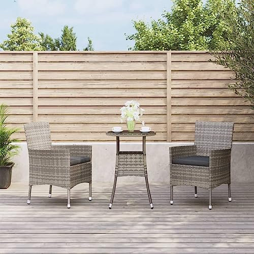 Homgoday Gartentisch und Stühle, 3-teilig und Kissen, Polyrattan, Grau, Set mit Tisch und Stühlen, für Garten, Terrasse, Bistro-Stühle und Tisch für Innen- und Außenbereich, Typ 4 Garten-Sets